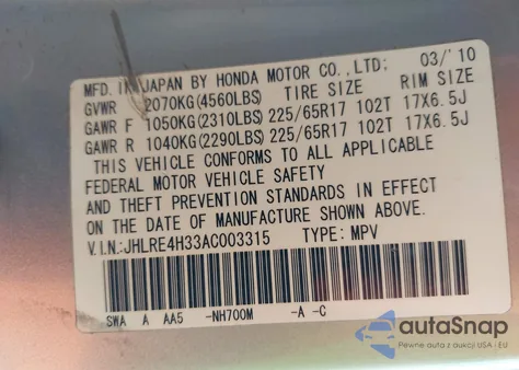 2010 Honda Cr-V Lx z USA, uszkodzony, nr VIN JHLRE4H33AC003315